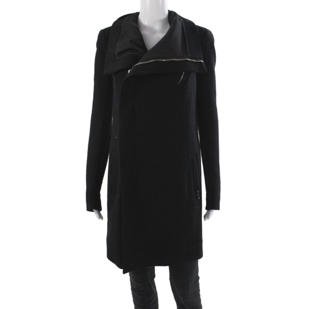Rick Owens Women Black Mock Neck Long Sleeve Zip Coat Designer Size 8